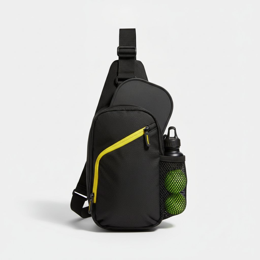 Crosscourt Sling Bag in black with yellow zipper pull