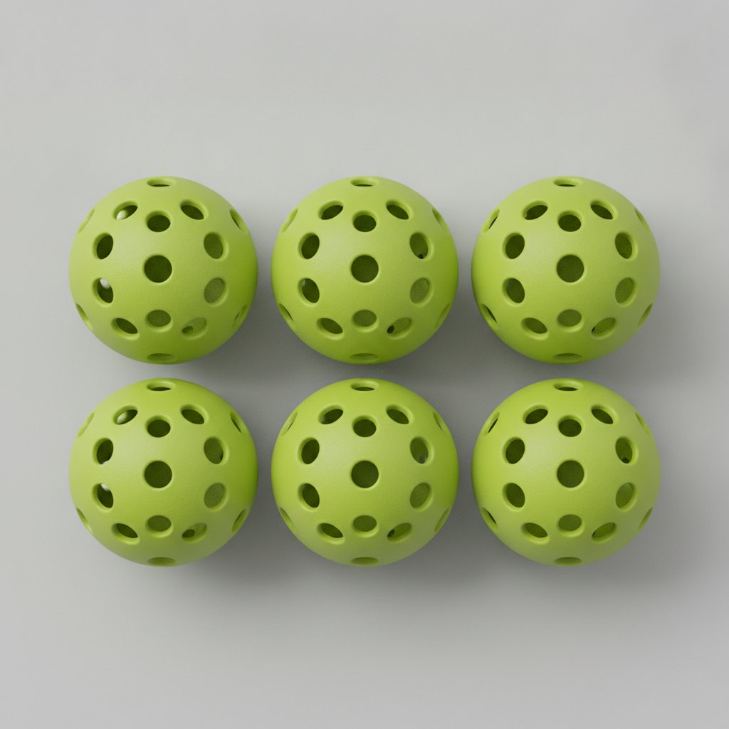 Six lime green Court Feather indoor pickleballs in two rows