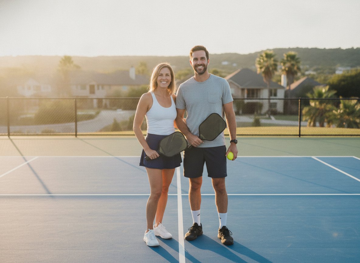 Rally Republic co-founders Sam and Jordan holding paddles on an Austin court at golden hour