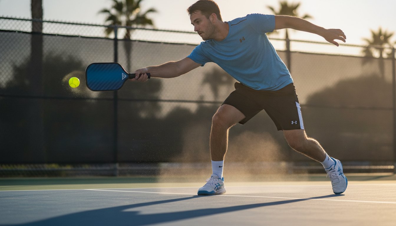 Pickleball player lunging for a low forehand with a blue carbon paddle at golden hour