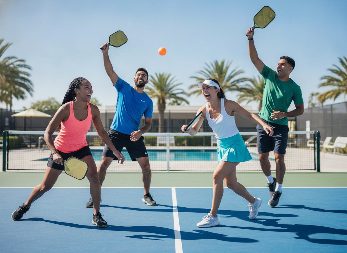 Players rallying on an outdoor pickleball court